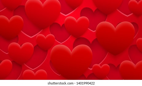 Abstract background of holes and hearts with shadows in red colors