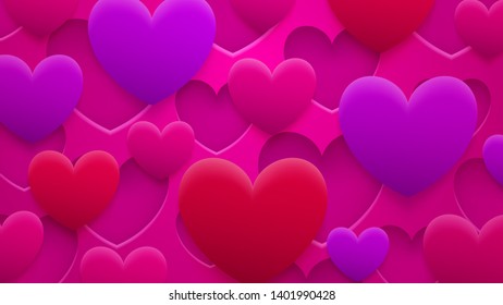 Abstract background of holes and hearts with shadows in red, pink and purple colors