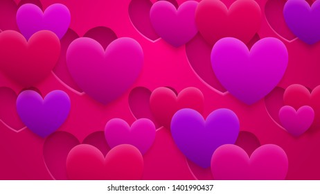 Abstract background of holes and hearts with shadows in red, pink and purple colors
