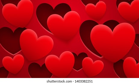 Abstract background of holes and hearts with shadows in red colors