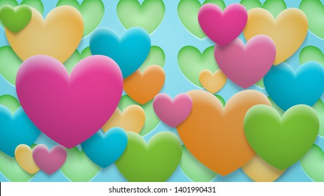 Abstract background of holes and multicolor hearts with shadows