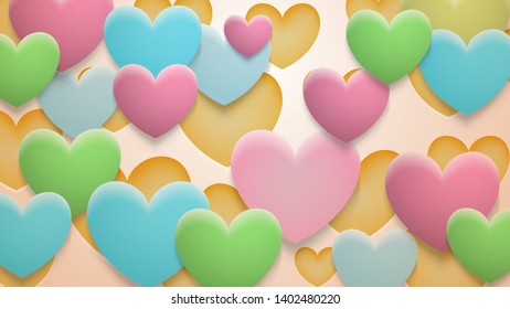 Abstract background of holes and multicolor hearts with shadows