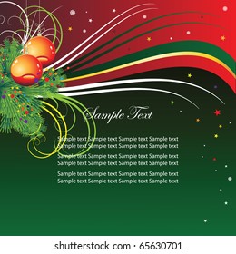 Abstract background for the holiday and Christmas tree branches and balls. Vector.