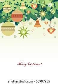 Abstract background for the holiday and Christmas tree branches and balls. Vector.