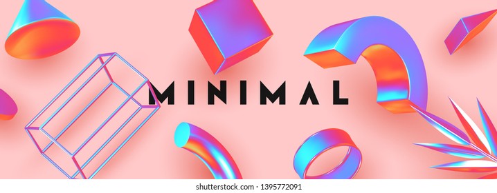 Abstract background with hologram gradient geometric elements. Objects 3d shape minimal poster. horizontal header border for website. vector illustration