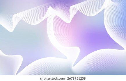 Fondo Abstractas con gradiente de holograma y líneas. Vector Gráfico Moderno en Colores Pastel. Diseño de patrones de luces azules, blancas, rosadas y púrpuras. Anuncio ondulado con gradación