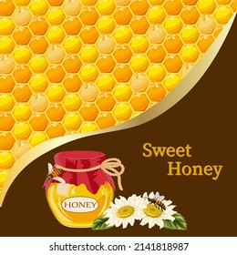 Abstract background with honeycombs.Honeycombs in a vector abstract background with honey in a jar, flowers and bees.