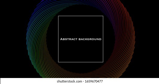 Abstrakter Hintergrund, horizontaler Banner. Hintergrund mit Schwirl. Dunkel. Lineares Muster. Titel.  Vorlage für Banner, Cover, Landing Page, Präsentation, Broschüre. Minimalismus. Regenbogenfarben.