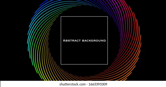 Abstract background, horizontal banner. Background with swirl. Dark. Linear pattern. Title.  Template for banner, cover, landing page, presentation, leaflet. Minimalism. Rainbow colors. Swirl.