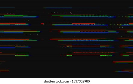 Abstract background of horizontal color lines of digital pixel television noise. Wallpaper distorted glitch texture. Screen of damaged broken video signal. Vector illustration.