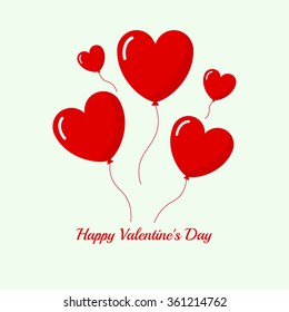 Abstract background with hovering red hearts in the form of balloons. Text Happy Valentines Day