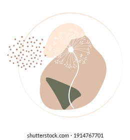 Abstract background or icon with outline dandelion, dots, and shapes. illustration isolated on the white background