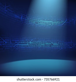 Abstract background with illuminated foreground and strips of binary code and printed circuit boards, concept of digital technologies of the future