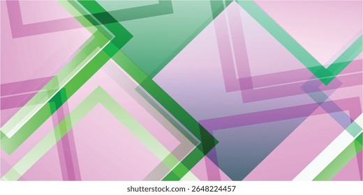Abstract background illustration with arrow motif and layered transparent geometric shapes in shades of green, pink and purple.