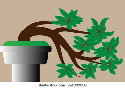 Abstrakte Hintergrundgrafik, Bonsai-Baum in Topf auf isoliertem braunem Hintergrund.