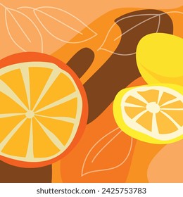 Abstract background illustration of citrus fruits and orange leaves