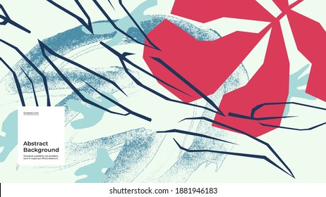 Abstract background illustration. Colorful leafs, spots, dots and paint strokes. Decorative wallpaper, backdrop. Hand drawn texture, decor elements and shapes. Eps10 vector.