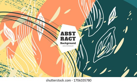 Abstract background illustration. Colorful lines, spots and leafs. Decorative wallpaper, backdrop. Hand drawn texture, decor elements and shapes. Eps10 vector.