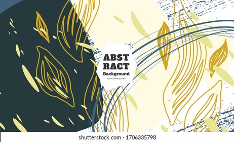 Abstract background illustration. Colorful lines, spots and leafs. Decorative wallpaper, backdrop. Hand drawn texture, decor elements and shapes. Eps10 vector.