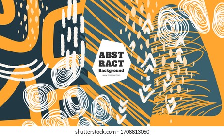 Abstract background illustration. Colorful lines, spots and leafs. Decorative wallpaper, backdrop. Hand drawn texture, decor elements and shapes. Eps10 vector.