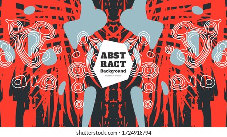 Abstract background illustration. Colorful lines, spots, dypsis lutescens leaves and map texture. Decorative symmetric wallpaper, backdrop. Hand drawn texture, decor elements and shapes. Eps10 vector.