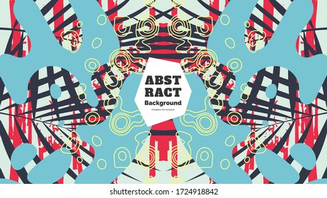 Abstract background illustration. Colorful lines, spots, dypsis lutescens leaves and map texture. Decorative symmetric wallpaper, backdrop. Hand drawn texture, decor elements and shapes. Eps10 vector.