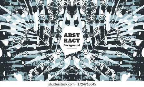 Abstract background illustration. Colorful lines, spots, dypsis lutescens leaves and map texture. Decorative symmetric wallpaper, backdrop. Hand drawn texture, decor elements and shapes. Eps10 vector.