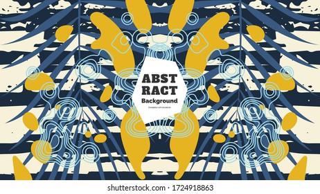 Abstract background illustration. Colorful lines, spots, dypsis lutescens leaves and map texture. Decorative symmetric wallpaper, backdrop. Hand drawn texture, decor elements and shapes. Eps10 vector.