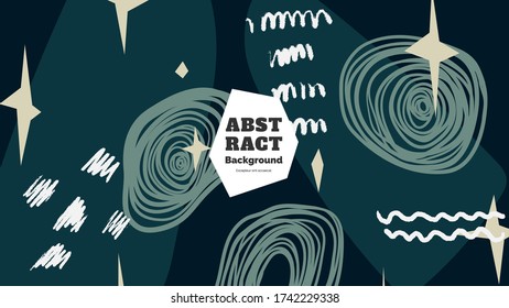 Ilustración de fondo abstracta. Coloridas líneas, puntos, puntos y trazos de pintura. Fondo de pantalla simétrico decorativo, fondo. Textura dibujada a mano, elementos decorativos y formas. Vector Eps10.
