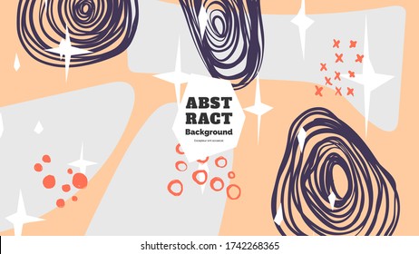 Abstract background illustration. Colorful lines, spots, dots and paint strokes. Decorative symmetric wallpaper, backdrop. Hand drawn texture, decor elements and shapes. Eps10 vector.