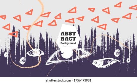 Abstract background illustration. Colorful lines, spots, dots, eyes and paint strokes. Decorative chaotic wallpaper, backdrop. Hand drawn texture, decor elements and shapes. Eps10 vector.