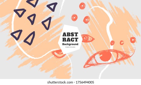 Abstract background illustration. Colorful lines, spots, dots, eyes and paint strokes. Decorative chaotic wallpaper, backdrop. Hand drawn texture, decor elements and shapes. Eps10 vector.