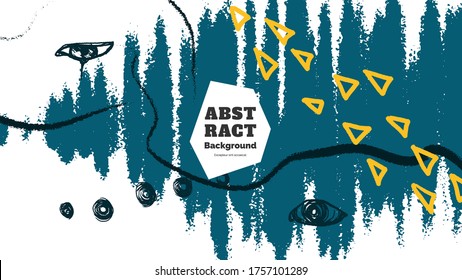 Abstract background illustration. Colorful lines, spots, dots, eyes and paint strokes. Decorative chaotic wallpaper, backdrop. Hand drawn texture, decor elements and shapes. Eps10 vector.