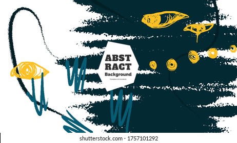 Abstract background illustration. Colorful lines, spots, dots, eyes and paint strokes. Decorative chaotic wallpaper, backdrop. Hand drawn texture, decor elements and shapes. Eps10 vector.