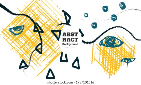 Abstract background illustration. Colorful lines, spots, dots, eyes and paint strokes. Decorative chaotic wallpaper, backdrop. Hand drawn texture, decor elements and shapes. Eps10 vector.