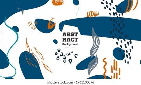 Abstract background illustration. Colorful lines, spots, dots and paint strokes. Decorative chaotic wallpaper, backdrop. Hand drawn texture, decor elements and shapes. Eps10 vector.