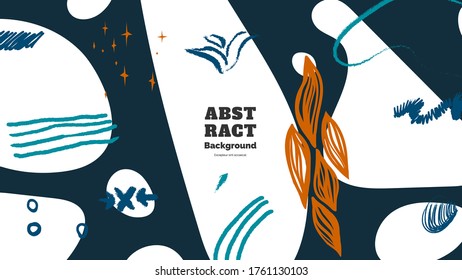 Abstract background illustration. Colorful lines, spots, dots and paint strokes. Decorative chaotic wallpaper, backdrop. Hand drawn texture, decor elements and shapes. Eps10 vector.