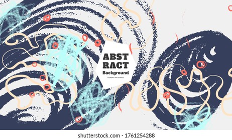 Abstract background illustration. Colorful lines, spots, dots and paint strokes. Decorative chaotic wallpaper, backdrop. Hand drawn texture, decor elements and shapes. Eps10 vector.