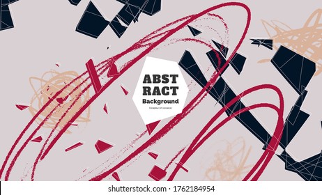 Abstract background illustration. Colorful lines, spots, polygons and scribble. Decorative chaotic wallpaper, backdrop. Hand drawn texture, decor elements and shapes. Eps10 vector.