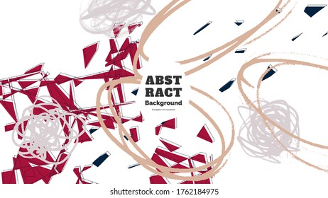 Abstract background illustration. Colorful lines, spots, polygons and scribble. Decorative chaotic wallpaper, backdrop. Hand drawn texture, decor elements and shapes. Eps10 vector.
