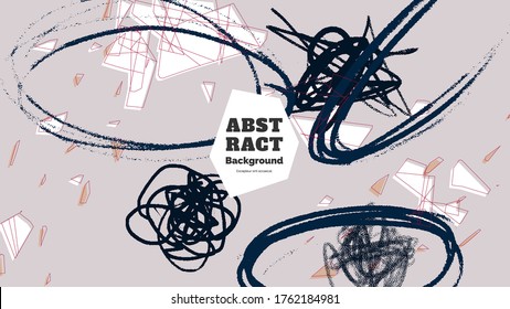 Abstract background illustration. Colorful lines, spots, polygons and scribble. Decorative chaotic wallpaper, backdrop. Hand drawn texture, decor elements and shapes. Eps10 vector.
