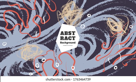 Abstract background illustration. Colorful lines, spots, dots and paint strokes. Decorative chaotic wallpaper, backdrop. Hand drawn texture, decor elements and shapes. Eps10 vector.