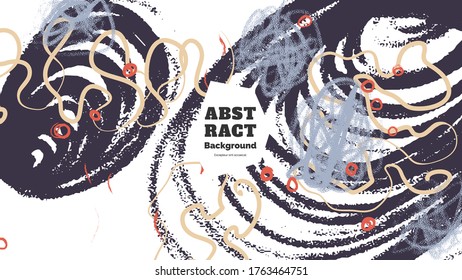 Ilustración de fondo abstracta. Coloridas líneas, puntos, puntos y trazos de pintura. Papel de fondo caótico decorativo. Textura dibujada a mano, elementos decorativos y formas. Vector Eps10.