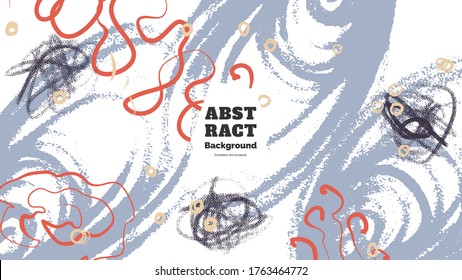 Abstract background illustration. Colorful lines, spots, dots and paint strokes. Decorative chaotic wallpaper, backdrop. Hand drawn texture, decor elements and shapes. Eps10 vector.