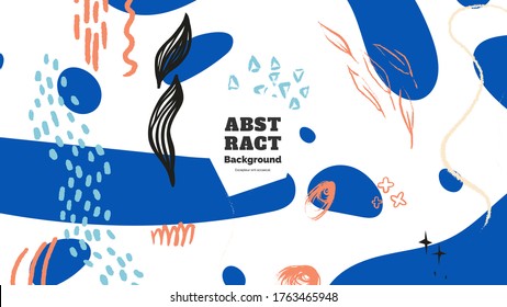Abstract background illustration. Colorful lines, spots, dots and paint strokes. Decorative chaotic wallpaper, backdrop. Hand drawn texture, decor elements and shapes. Eps10 vector.