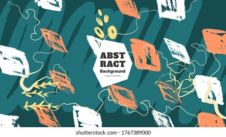 Abstract background illustration. Colorful lines, spots, rhombus, leafs and scribble. Decorative chaotic wallpaper, backdrop. Hand drawn texture, decor elements and shapes. Eps10 vector.