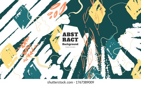 Abstract background illustration. Colorful lines, spots, rhombus, leafs and scribble. Decorative chaotic wallpaper, backdrop. Hand drawn texture, decor elements and shapes. Eps10 vector.