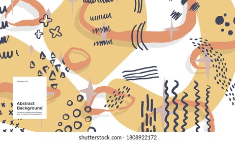 Ilustración de fondo abstracta. Coloridas líneas, puntos, puntos y trazos de pintura. Papel pintado decorativo, fondo. Textura dibujada a mano, elementos decorativos y formas. Vector Eps10.