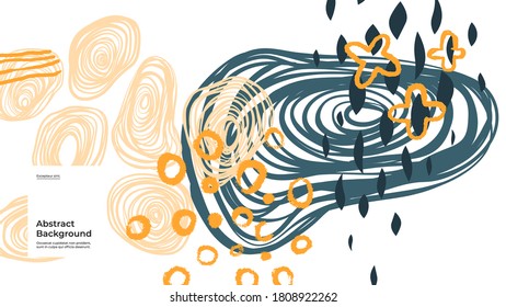 Abstract background illustration. Colorful lines, spots, dots and paint strokes. Decorative wallpaper, backdrop. Hand drawn texture, decor elements and shapes. Eps10 vector.