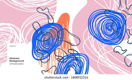 Abstract background illustration. Colorful lines, spots, dots and paint strokes. Decorative wallpaper, backdrop. Hand drawn texture, decor elements and shapes. Eps10 vector.